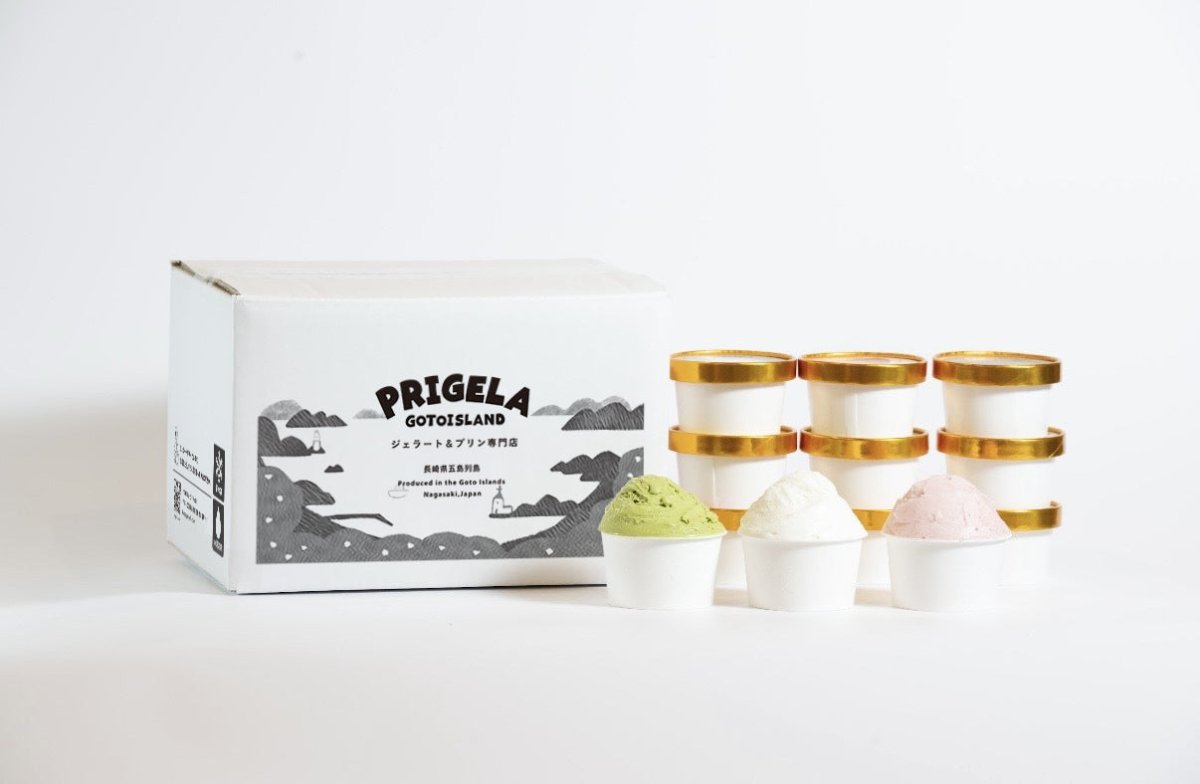 【送料込み】PRIGELA ジェラートギフト12個セット（五島塩ミルク×2/長崎そのぎ抹茶×2/五島安納芋×2/五島いちご×2/長崎みかん×1/チョコレート×1/ラムレーズン×1/ピスタチオ×1個） - ROJI日本橋 ONLINE STORE